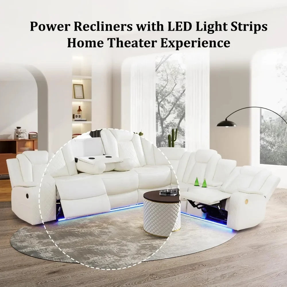 Power Reclining Sectional Sofa USB Chargers and Storage Console, Leather Recliner Sofa for Living Room Furniture Set