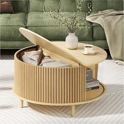 Round Coffee Table with Storage,Fluted Center Table with Sliding Cabinet Door for Living Room,Home Small Space