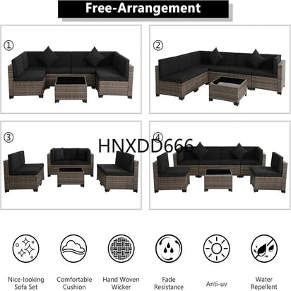 Brown Rattan Sectional Sofa Set with Cushions and Coffee Table for Outdoor Patio