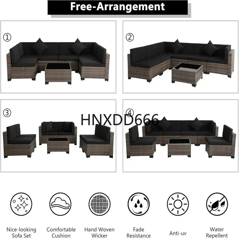 Brown Rattan Sectional Sofa Set with Cushions and Coffee Table for Outdoor Patio