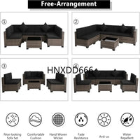 Brown Rattan Sectional Sofa Set with Cushions and Coffee Table for Outdoor Patio