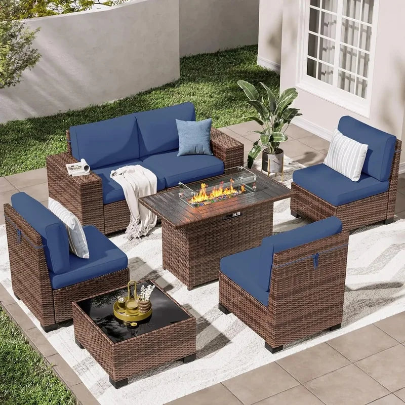 7 PCS Outdoor Sectional Conversation Set with 44" Propane Gas Firepit Table and Widen Wicker Armrests for Patio Furniture