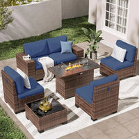 7 PCS Outdoor Sectional Conversation Set with 44" Propane Gas Firepit Table and Widen Wicker Armrests for Patio Furniture