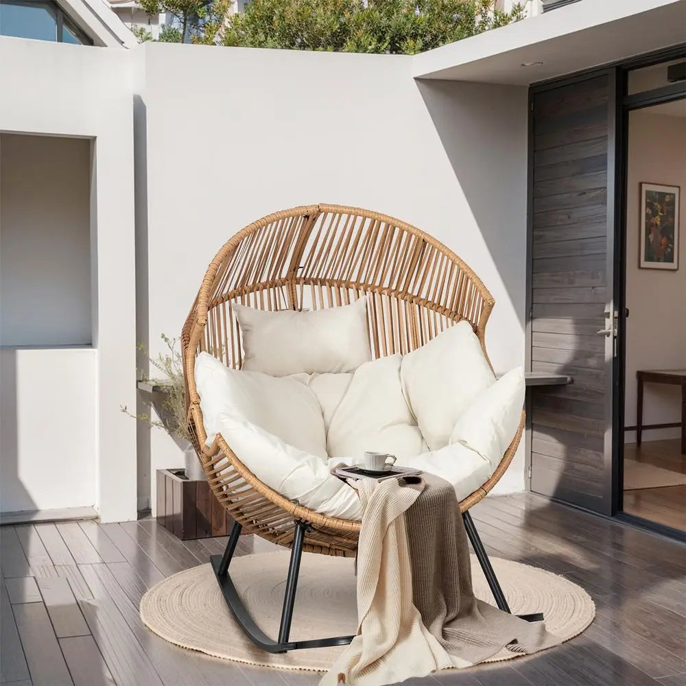 Egg Chair Rocking Chairs, Wicker Patio Chair Oversized Lounger Chair with Cushion for Indoor Living Room Bedroom Outdoor Patio