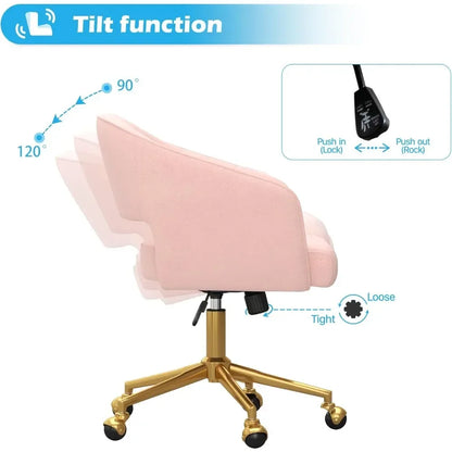 "luxurious swivel velvet desk chair with upholstered accent armchair, modern tufted design, gold base for women's office"