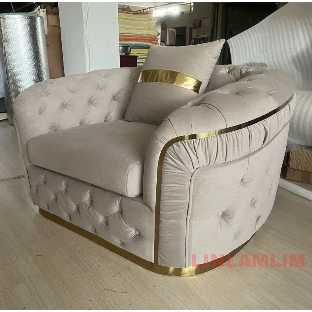 A Luxury Chesterfield Sectional Sofa Set With Cloth Buttons And Fabric Modular Couch With Gold Stainless Steel Base, 3-seater So