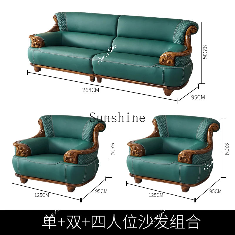 New Chinese-style thick leather sofa with solid wood 123 living room combination large apartment villa furniture  FT