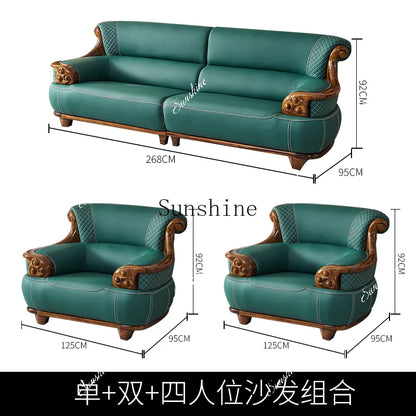 New Chinese-style thick leather sofa with solid wood 123 living room combination large apartment villa furniture  FT