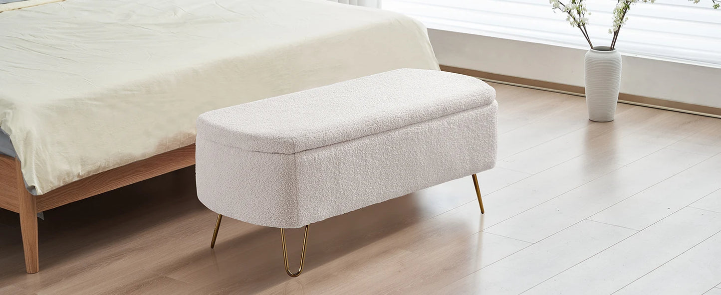 40" Boucle Sherpa Upholstered Ottoman Bench with Gold Legs - Storage for Bedroom End, Entryway, Living Room