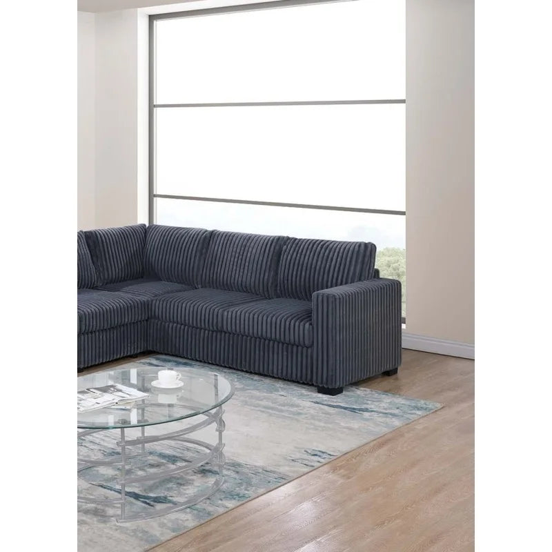 Elegant 4-Pc Sectional Set Dark Gray One Arm Loveseat Corner Wedge Armless Chair Corduroy Upholstered L-Shaped Plush Couch