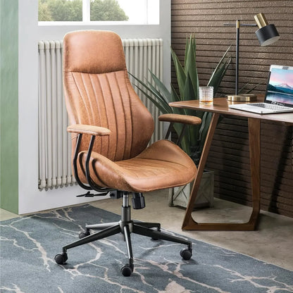 Mid-Century Modern Leather Chair，Ergonomic Home Office Chair with Lumbar Support, High Back Swivel Rolling Executive Chair