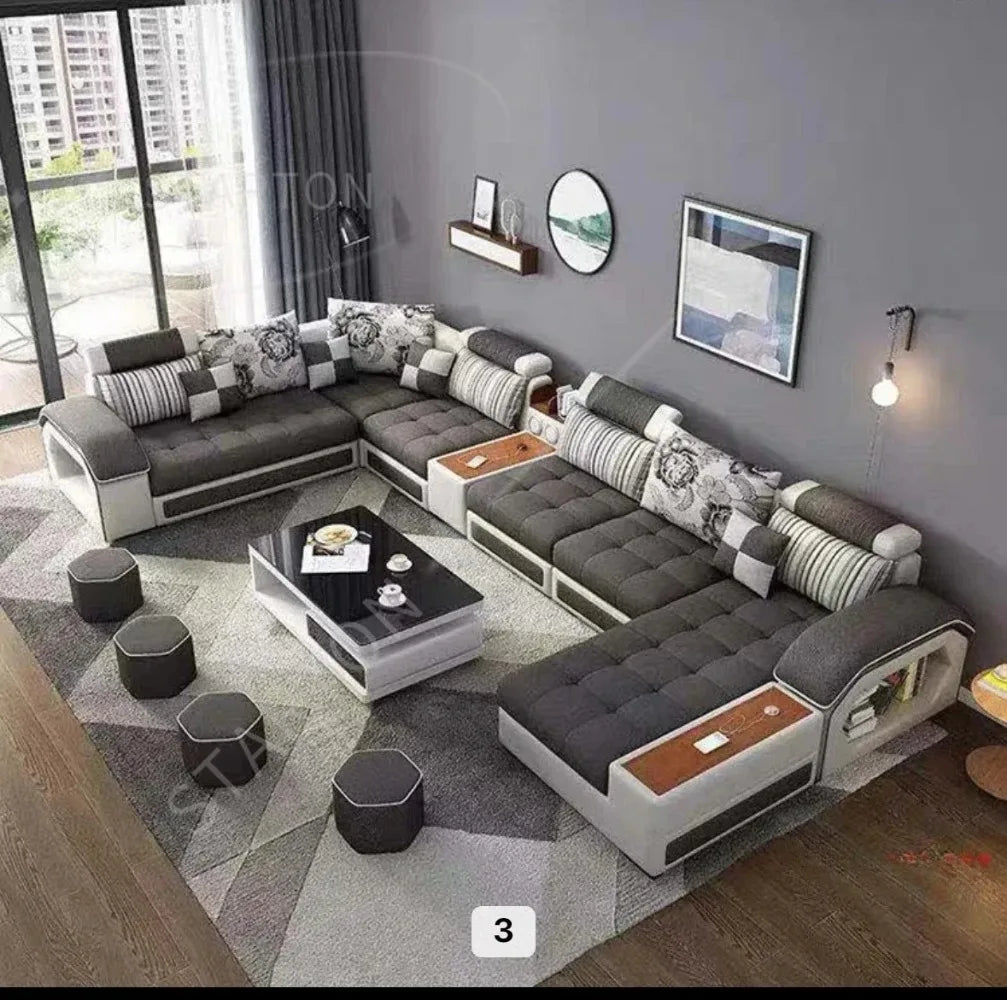 U-Shaped Sectional Fabric Sofa Set - Modern Living Room Furniture with Storage, and Cushions