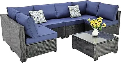 7 Pieces Outdoor Patio Furniture Sets, PE Rattan Wicker Patio Conversation Set with Tea Table (2BLACK/BL, B/ZB)