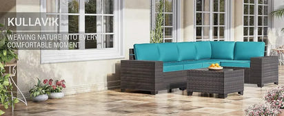 YND6-WQQkulavik 6PCs outdoor furniture set PE Wicker rattan sectional sofa patio conversation sets. navy blue