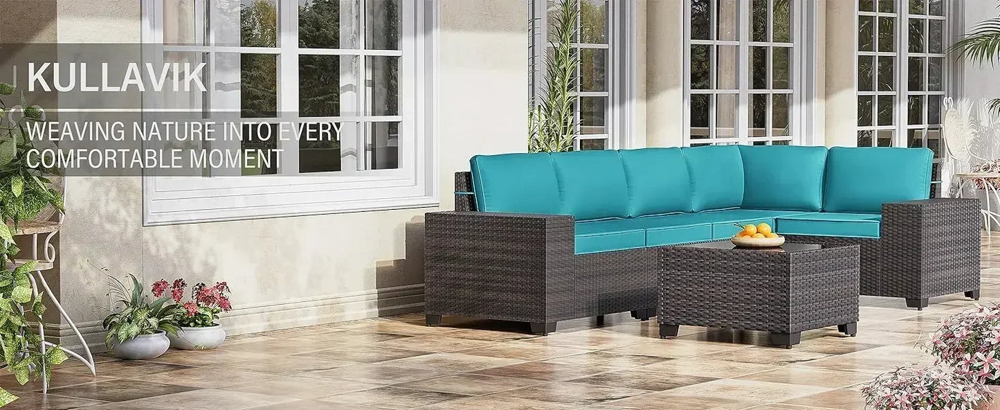 YND6-WQQkulavik 6PCs outdoor furniture set PE Wicker rattan sectional sofa patio conversation sets. navy blue