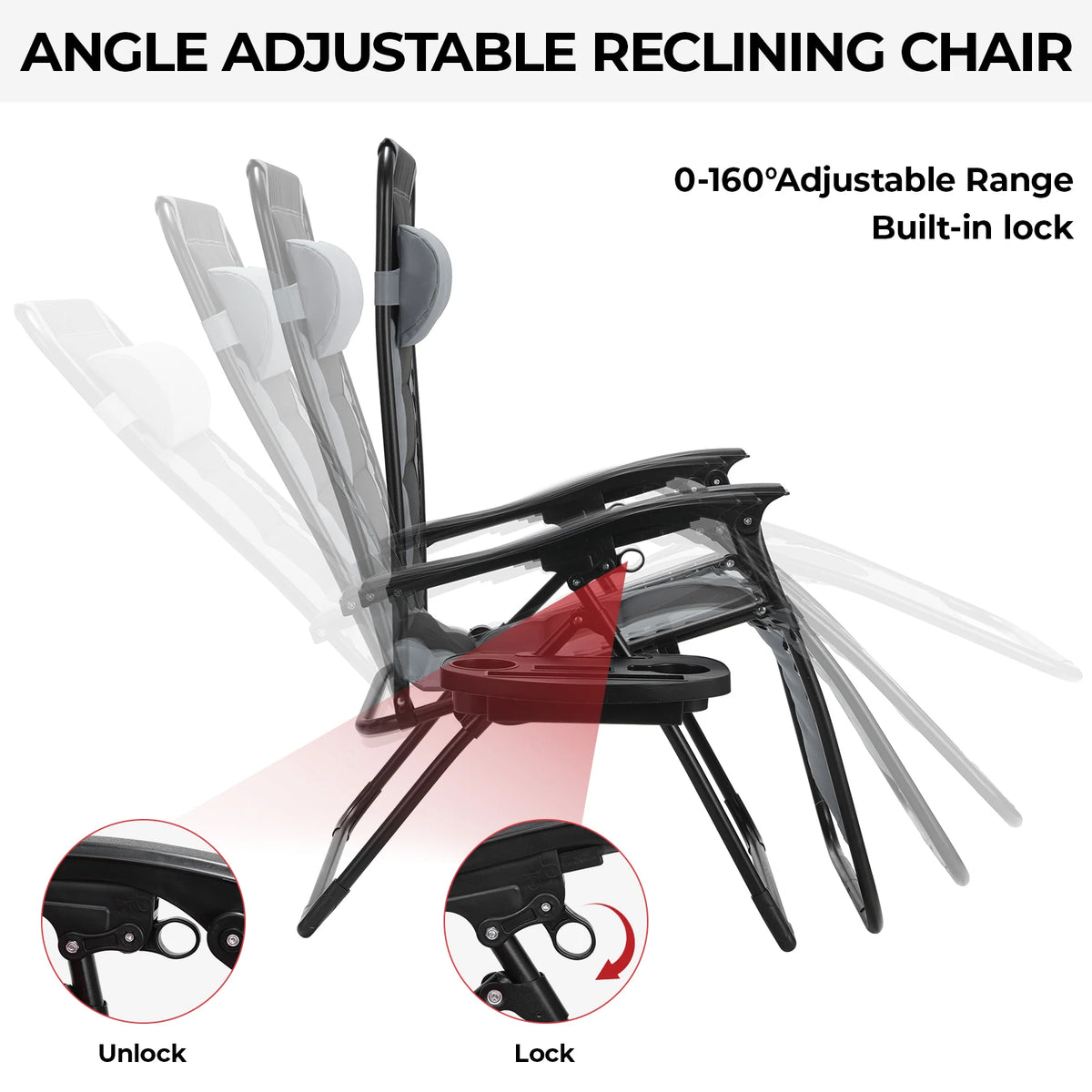 Padded Zero Gravity Lounge Chair Folding Patio Recliner with Adjustable Headrest & Cup Holder, Support 160kg Sun Loungers