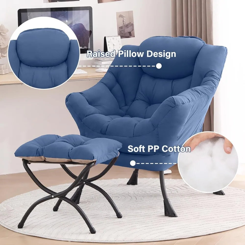 Modern Comfortable Lounge Chair with Ottoman, Large Reading Sofa for Bedroom Leisure Time