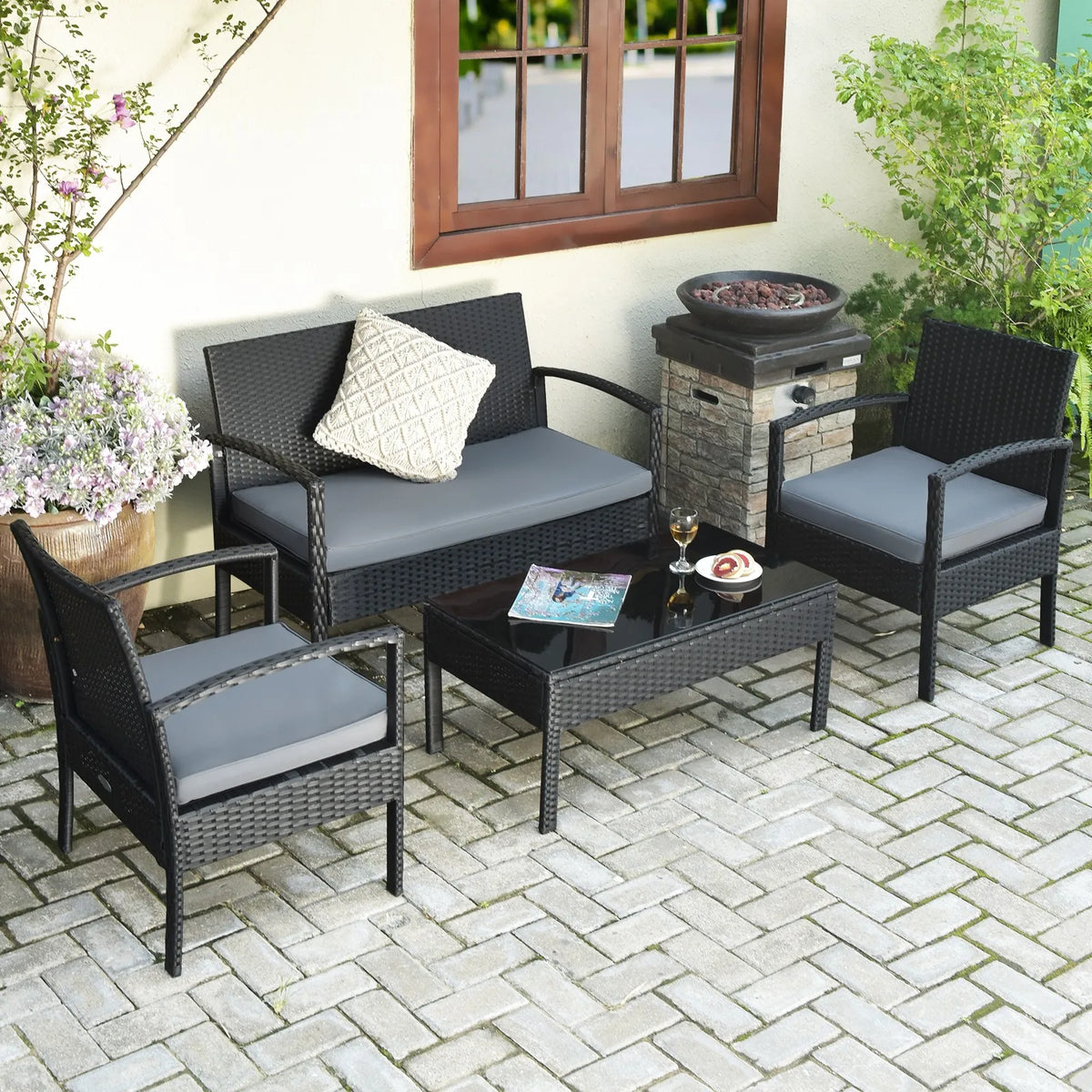 Garden Furniture Sets4 Piece Outdoor Rattan Furniture Set with Cushions Sofa and Coffee Table for Garden Patio Deck