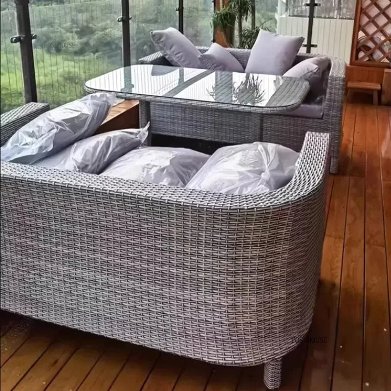 Nordic Outdoor Garden Sofas Leisure PE Rattan Garden Terrace Sofa Chair Set Courtyard Balcony Double Sofa Outdoor Furniture GG A
