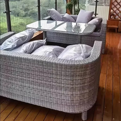 Nordic Outdoor Garden Sofas Leisure PE Rattan Garden Terrace Sofa Chair Set Courtyard Balcony Double Sofa Outdoor Furniture GG A