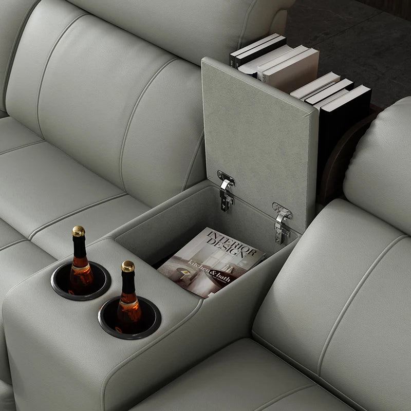 Modern Italian electric sofa set leather multi-functional recliner with characteristic metal corner combination