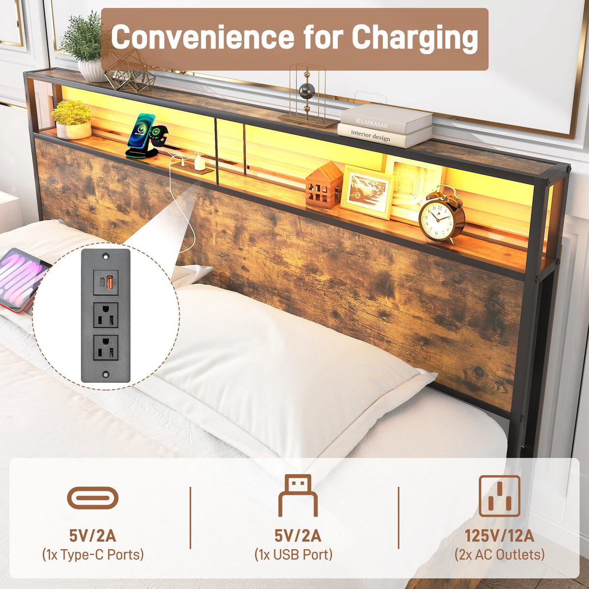 LED Bed Frame Full/QueenKing Size with 2 USB Ports and Outlets, Platform Metal Bed Frame with 4 Storage Drawers and Headboard