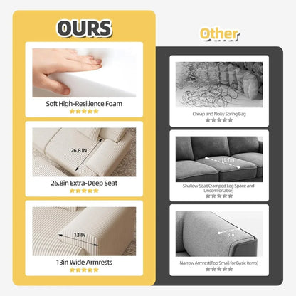 118" Modern L Shaped Modular Sectional Sofa, Boneless Cloud Couch with Ottoman, Oversized Corduroy Couch Deep Seat, 30D Sponge