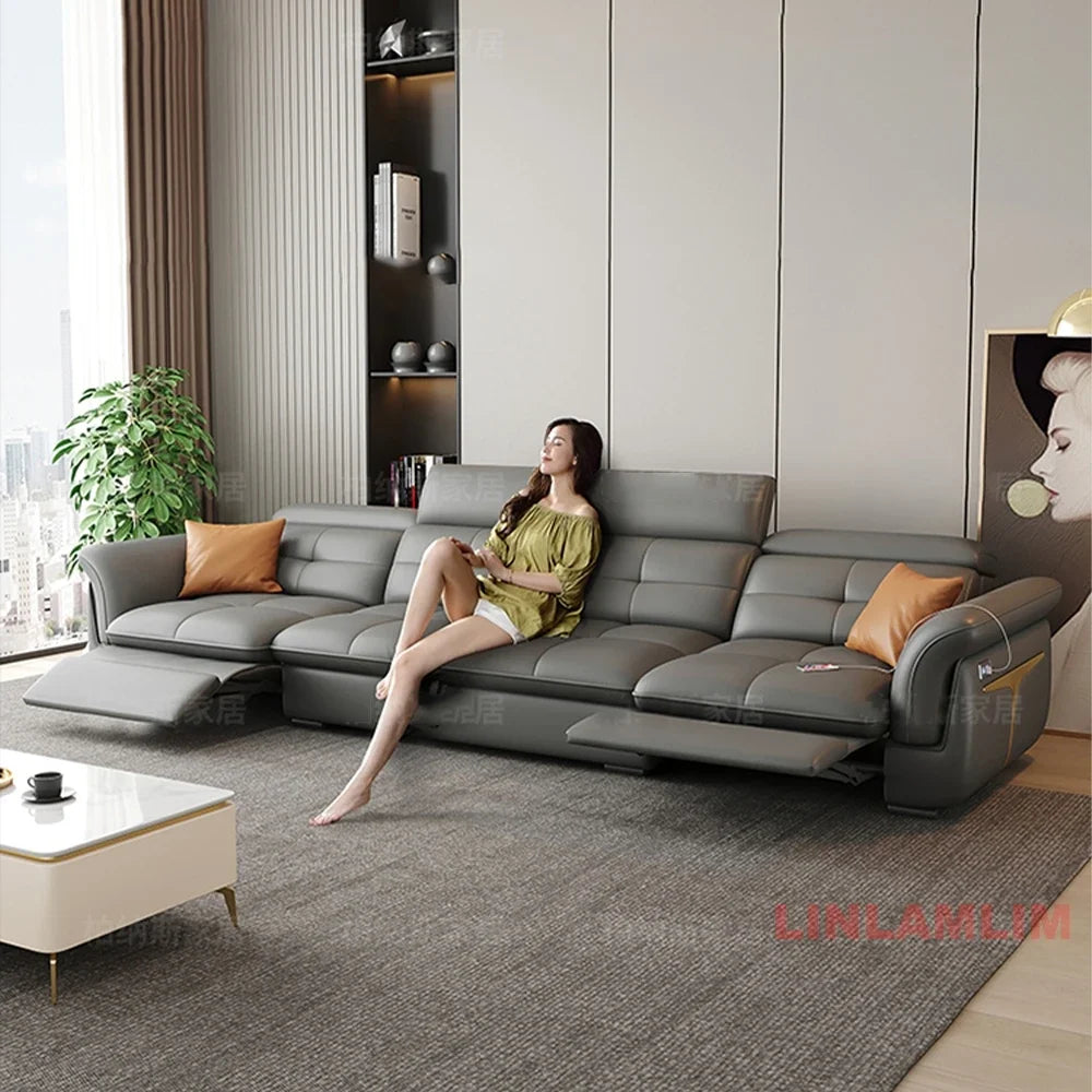 Modern Electric Recliner Sofa Bed with Adjustable Backrest, L-Shaped Multifunctional Italian Genuine Leather Sectional Couch