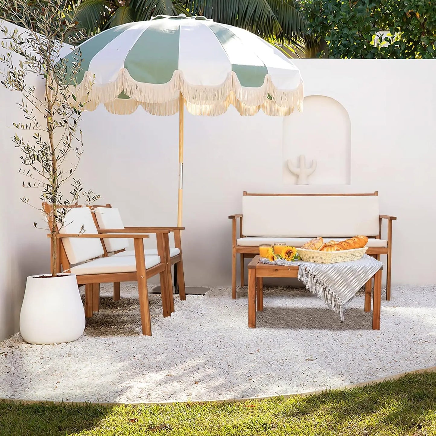 Patio Furniture 4 Piece Acacia Wood Outdoor Conversation Sofa Set with Table & Cushions Porch Chairs for Garden,, Customized
