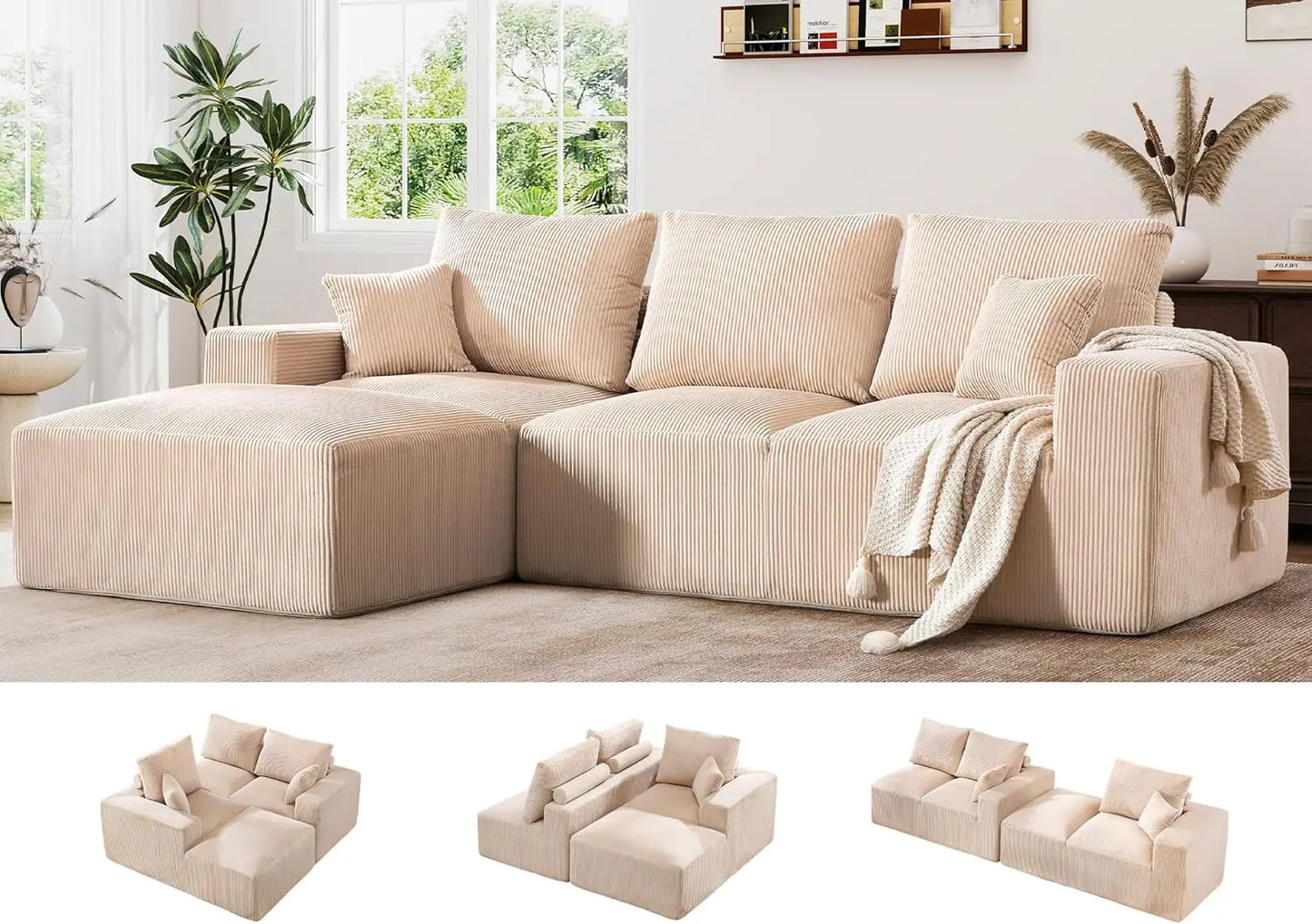 Modular Cloud Sectional Sofa, Comfort Height & Neck Pillow, Modern Corduroy Couch with L-Shape Oversized ChaiseCustomized