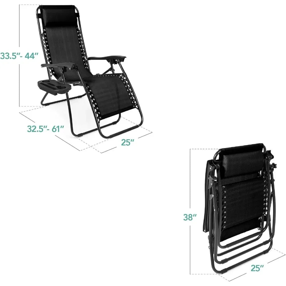 Two-Piece Adjustable Steel Mesh Zero Gravity Lounge Chair Recliner, with Pillow and Cup Holder Tray, Black