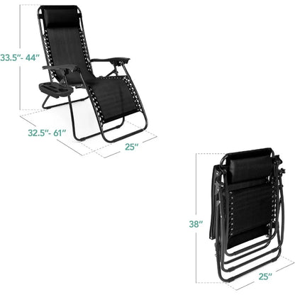 Two-Piece Adjustable Steel Mesh Zero Gravity Lounge Chair Recliner, with Pillow and Cup Holder Tray, Black