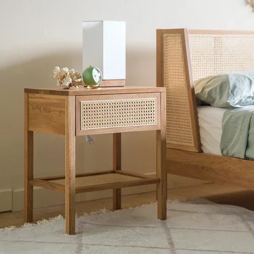 Vine Weaving Bed Japanese Solid Wood Bed Small Family Homestay White Wax Wood Main Bedding 1.51.8m Household Simple Vine Art Bed