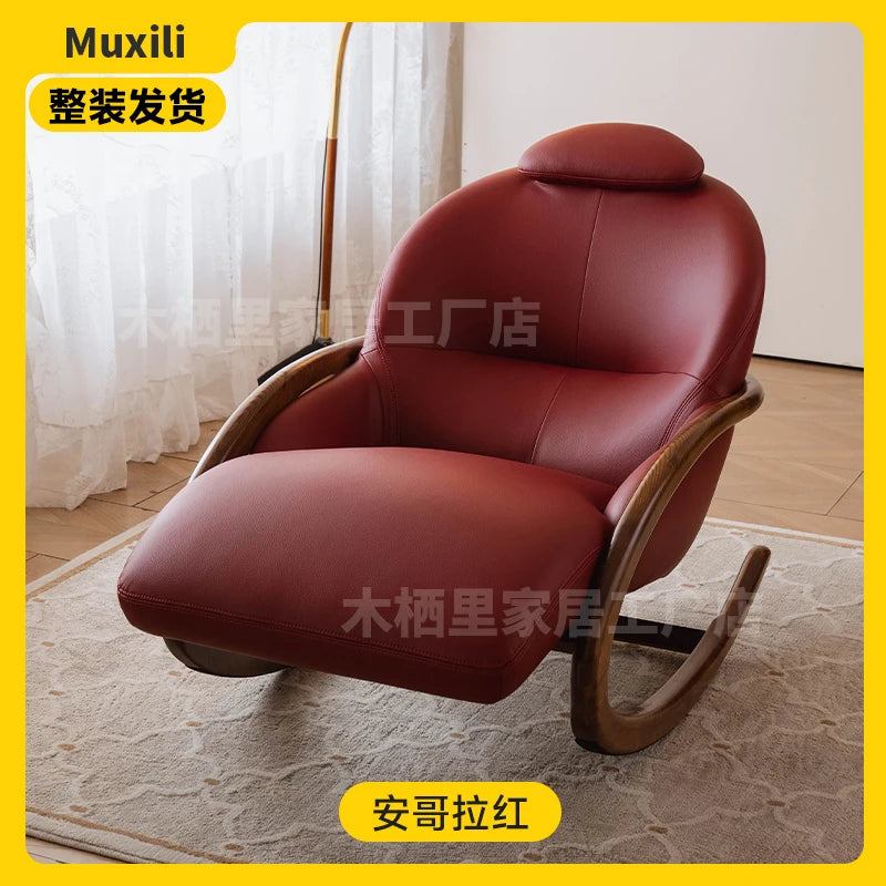 Lazy sofa pewter solid wood leather high-end lazy sofa reclining and sleeping rocking chair