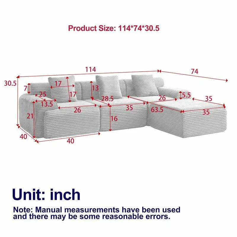 114-Inch Modular Corduroy Sofa, Featuring Inlaid Structure, 3 Throw Pillows, Wider Backrest, and 4 Configurable Modules for