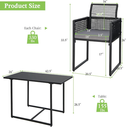 3-Piece Outdoor Dining Set with Folding Chairs, Cozy Cushions, and Tempered Glass Table for Backyard and Poolside