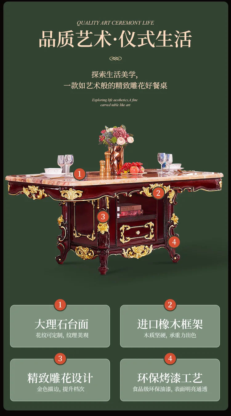 HLZ European Style Solid Wood Dining Table with Marble Top for Home Use, Villa Large Dining Table and Chair Set