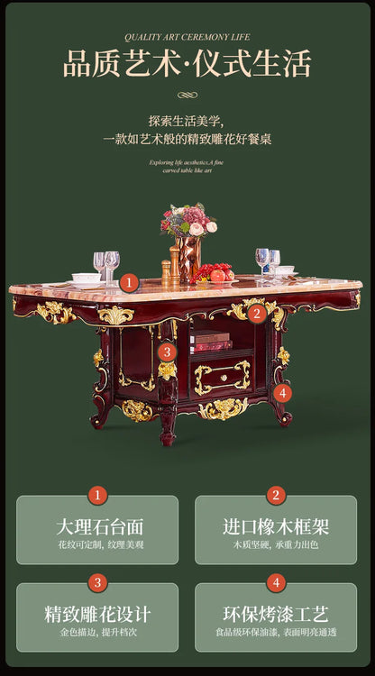 HLZ European Style Solid Wood Dining Table with Marble Top for Home Use, Villa Large Dining Table and Chair Set