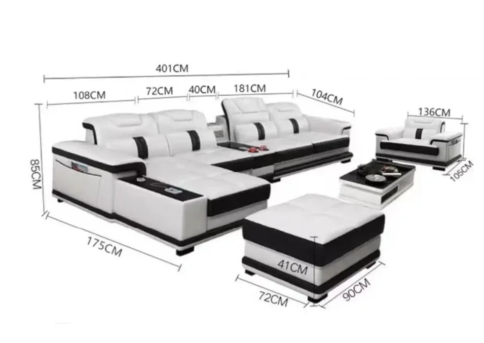 Customizable MANBAS Luxury Italian Genuine Leather Sectional Sofa Set with Bluetooth Speaker and USB Ports