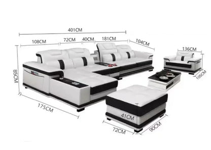 Customizable MANBAS Luxury Italian Genuine Leather Sectional Sofa Set with Bluetooth Speaker and USB Ports