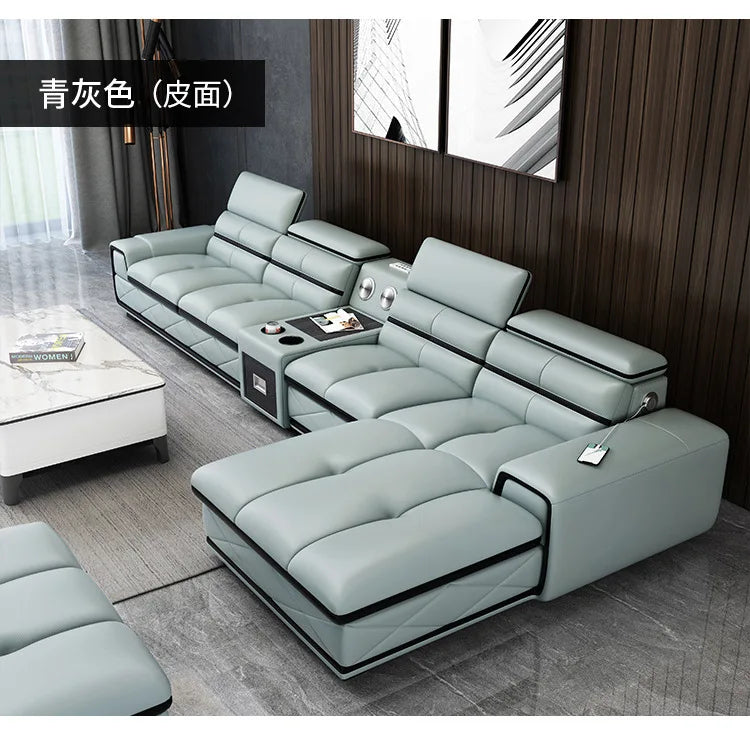 Simple and modern leather sofa combination large apartment living room L-shaped corner function headrest few fully