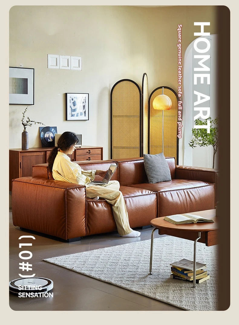 French Vintage Three-Person Genuine Leather Sofa Set in Ancient Caramel Tone for Small Living Rooms or Apartments