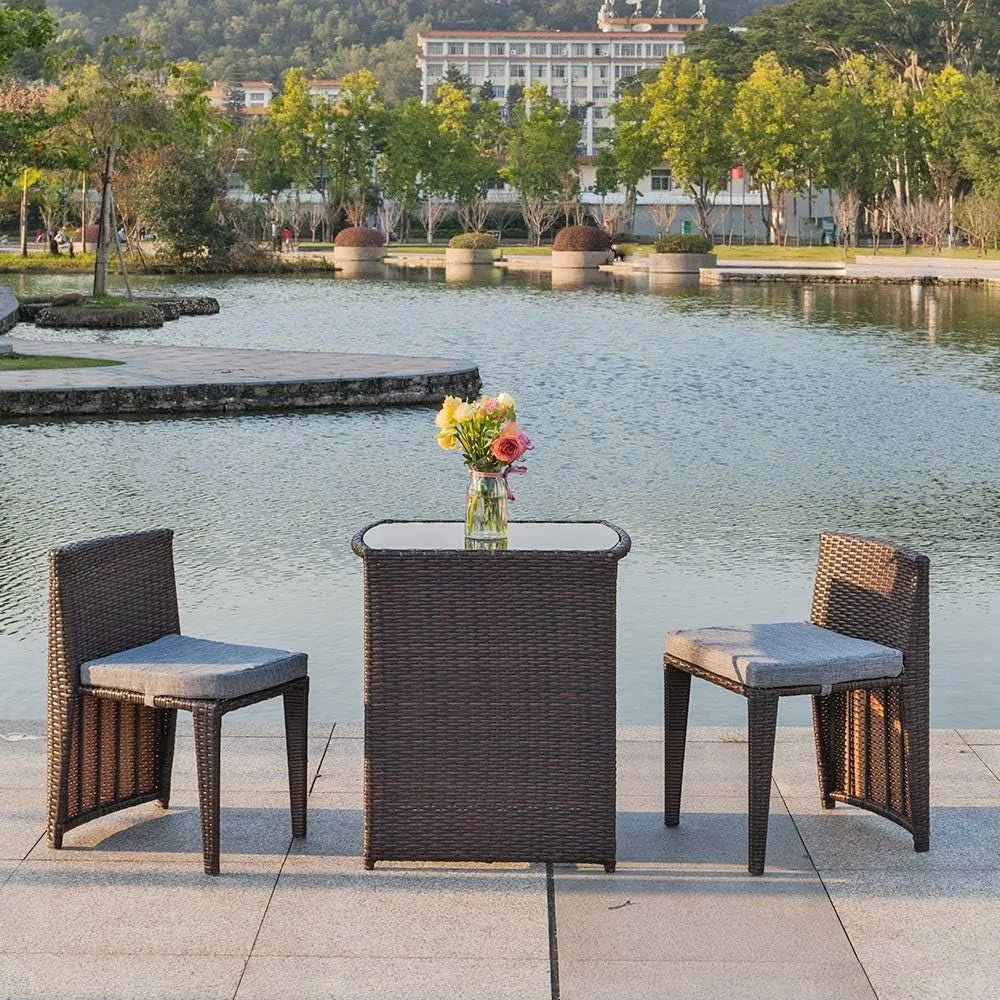 Outdoor Table, 3 PCS Wicker Outdoor Patio Set, with Glass Top Table Dining Chairs, Tables and Chairs Set of 2