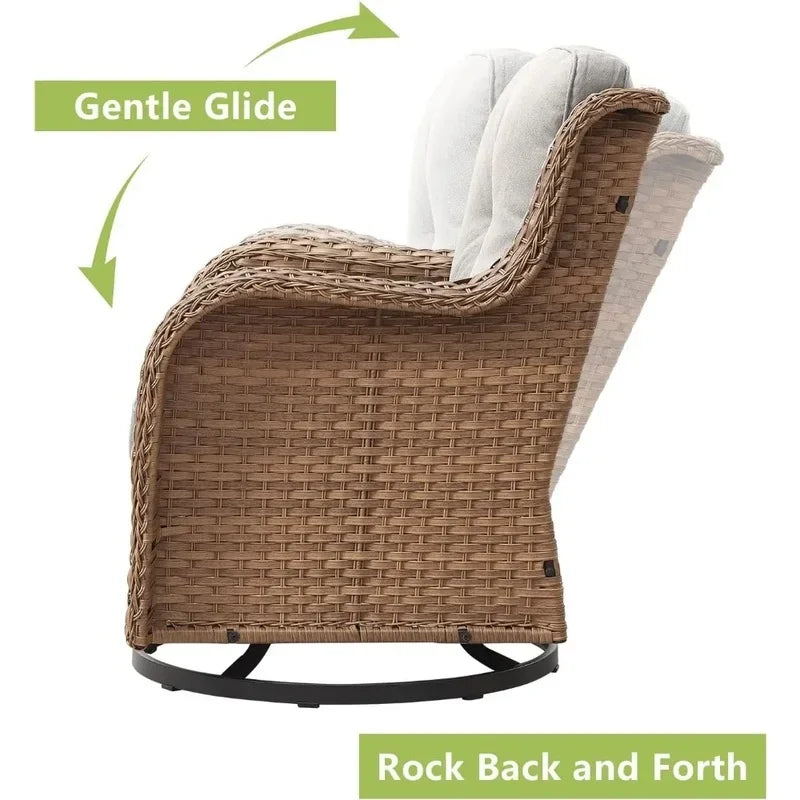 5-Piece Outdoor Rattan Conversation Set with 2 Rotating Rocking Chairs, 2 Foot Pads, and a Side Table