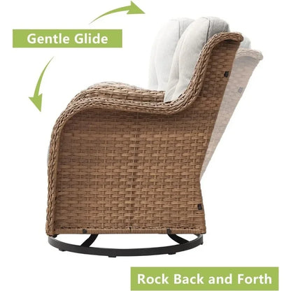 5-Piece Outdoor Rattan Conversation Set with 2 Rotating Rocking Chairs, 2 Foot Pads, and a Side Table