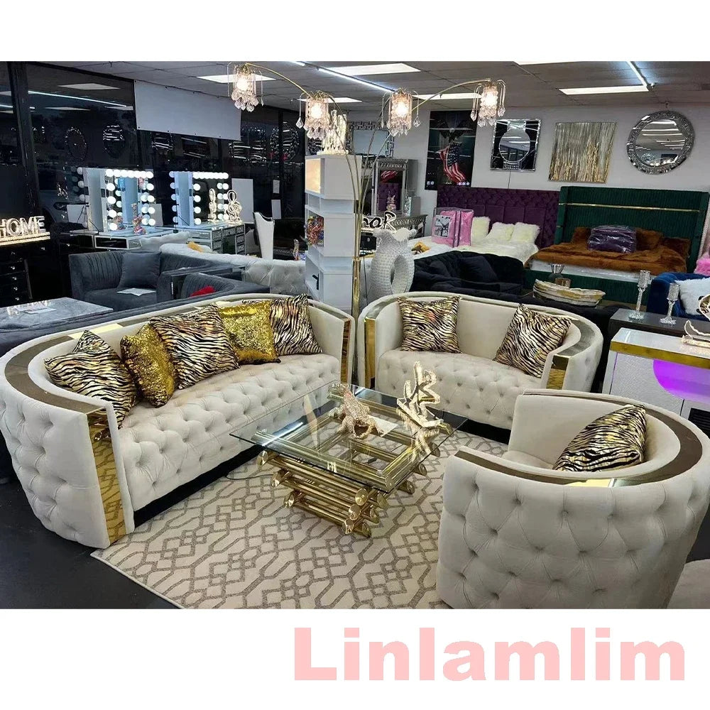 Chesterfield Living Room Sofa Sets Italian Genuine Leather Sectional Couch with Leather Buttons, Stainless Steel Trims