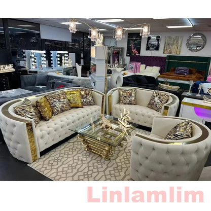 Chesterfield Living Room Sofa Sets Italian Genuine Leather Sectional Couch with Leather Buttons, Stainless Steel Trims