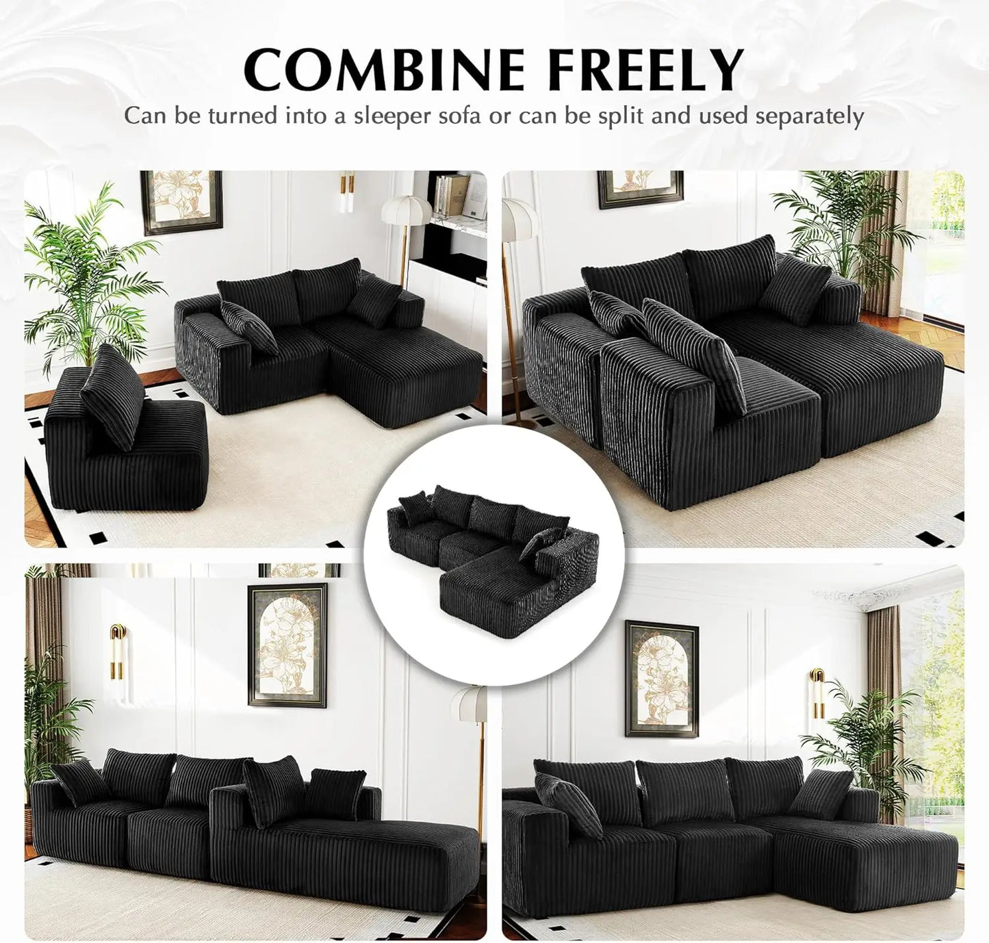 118" Compressed Sofa for Living Room L Shaped Boneless Couch, Modular Sectional Sofa, Sofa Bed Memory Foam Couches with Chaise