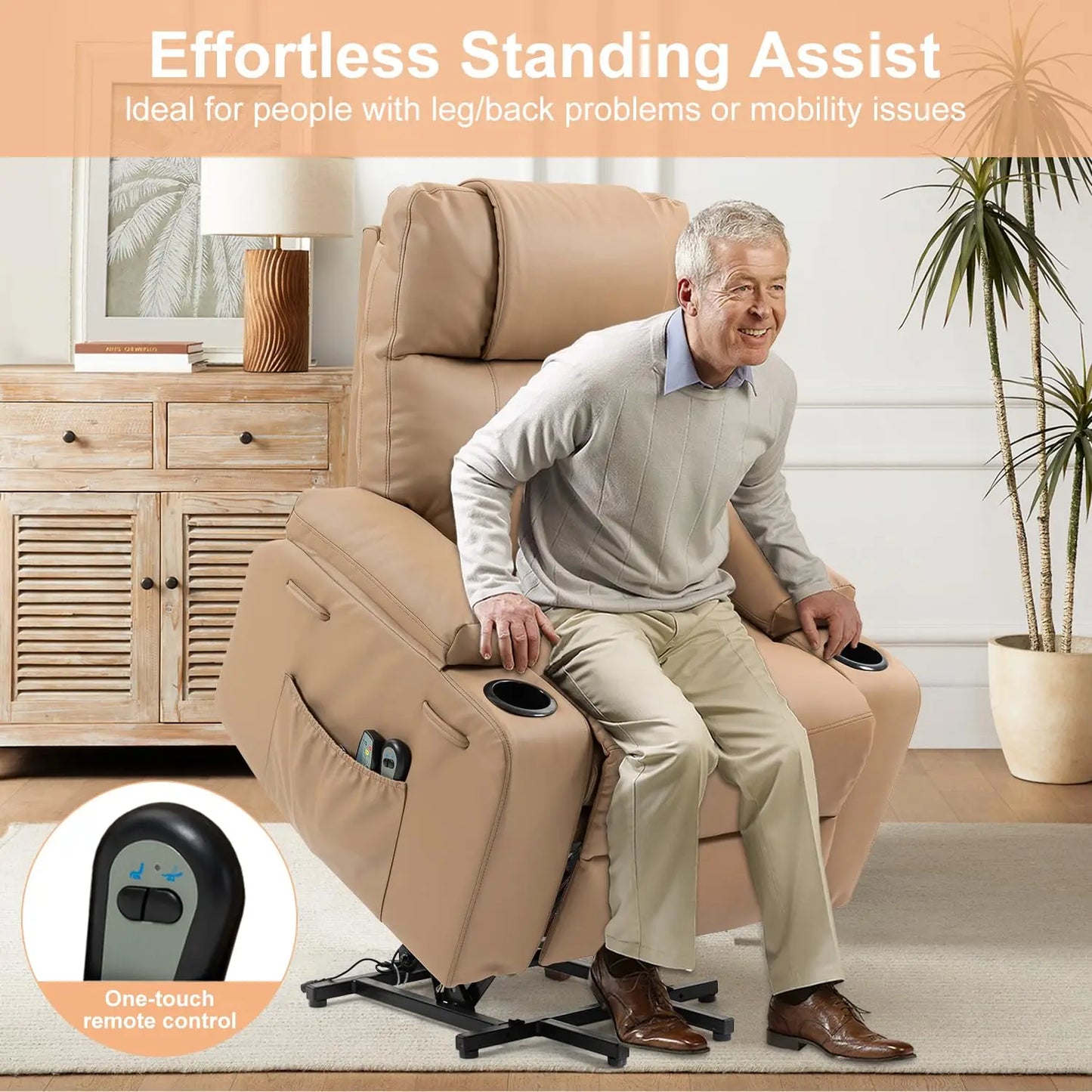 Dual Motor Power Lift Recliner for Elderly Adults with Heat Massage Lay Flat Feature Wireless Remote Cup Holder Customizable