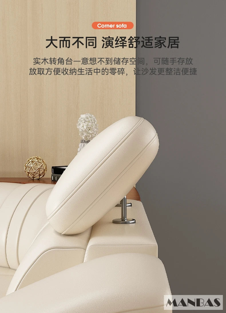 Elegant Leather Sectional Sofas Sets with Cup Holder, Adjustable Headrests & Bluetooth Speaker - MINGDIBAO Living Room Couches